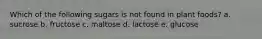 Which of the following sugars is not found in plant foods? a. sucrose b. fructose c. maltose d. lactose e. glucose