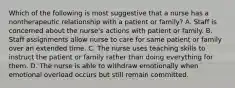 Which of the following is most suggestive that a nurse has a nontherapeutic relationship with a patient or family? A. Staff is concerned about the nurse's actions with patient or family. B. Staff assignments allow nurse to care for same patient or family over an extended time. C. The nurse uses teaching skills to instruct the patient or family rather than doing everything for them. D. The nurse is able to withdraw emotionally when emotional overload occurs but still remain committed.