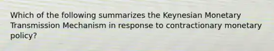 Which of the following summarizes the Keynesian Monetary Transmission Mechanism in response to contractionary monetary policy?