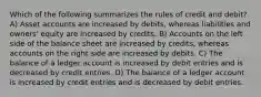 Which of the following summarizes the rules of credit and debit? A) Asset accounts are increased by debits, whereas liabilities and owners' equity are increased by credits. B) Accounts on the left side of the balance sheet are increased by credits, whereas accounts on the right side are increased by debits. C) The balance of a ledger account is increased by debit entries and is decreased by credit entries. D) The balance of a ledger account is increased by credit entries and is decreased by debit entries.