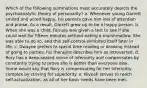 Which of the following summations most accurately depicts the psychoanalytic theory of personality? a. Whenever young Garrett smiled and acted happy, his parents gave him lots of attention and praise. As a result, Garrett grew up to be a happy person. b. When she was a child, Fairuza was given a test to see if she could wait for fifteen minutes without eating a marshmallow. She was able to do so, and this self-control exhibited itself later in life. c. Dwayne prefers to spend time reading or drawing instead of going to parties; his therapist describes him as introverted. d. Rory has a deep-seated sense of inferiority and compensates by constantly trying to prove she is better than everyone else. Some would say that Rory is compensating for her inferiority complex by striving for superiority. e. Niveah strives to reach self-actualization, as all of her basic needs have been met.