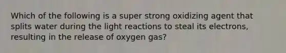 Which of the following is a super strong oxidizing agent that splits water during the light reactions to steal its electrons, resulting in the release of oxygen gas?