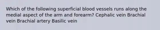 Which of the following superficial blood vessels runs along the medial aspect of the arm and forearm? Cephalic vein Brachial vein Brachial artery Basilic vein