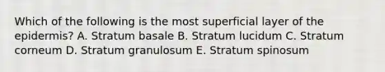 Which of the following is the most superficial layer of the epidermis? A. Stratum basale B. Stratum lucidum C. Stratum corneum D. Stratum granulosum E. Stratum spinosum