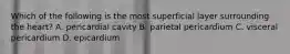 Which of the following is the most superficial layer surrounding the heart? A. pericardial cavity B. parietal pericardium C. visceral pericardium D. epicardium