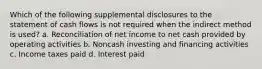 Which of the following supplemental disclosures to the statement of cash flows is not required when the indirect method is used? a. Reconciliation of net income to net cash provided by operating activities b. Noncash investing and financing activities c. Income taxes paid d. Interest paid