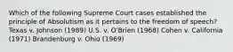 Which of the following Supreme Court cases established the principle of Absolutism as it pertains to the freedom of speech? Texas v. Johnson (1989) U.S. v. O'Brien (1968) Cohen v. California (1971) Brandenburg v. Ohio (1969)