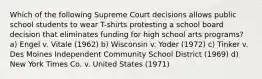 Which of the following Supreme Court decisions allows public school students to wear T-shirts protesting a school board decision that eliminates funding for high school arts programs? a) Engel v. Vitale (1962) b) Wisconsin v. Yoder (1972) c) Tinker v. Des Moines Independent Community School District (1969) d) New York Times Co. v. United States (1971)