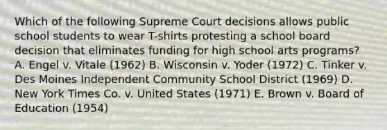 Which of the following Supreme Court decisions allows public school students to wear T-shirts protesting a school board decision that eliminates funding for high school arts programs? A. Engel v. Vitale (1962) B. Wisconsin v. Yoder (1972) C. Tinker v. Des Moines Independent Community School District (1969) D. New York Times Co. v. United States (1971) E. Brown v. Board of Education (1954)