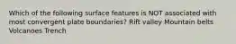 Which of the following surface features is NOT associated with most convergent plate boundaries? Rift valley Mountain belts Volcanoes Trench