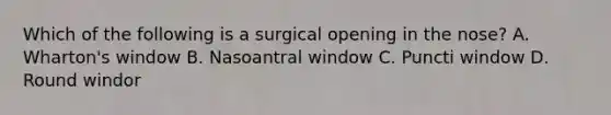 Which of the following is a surgical opening in the nose? A. Wharton's window B. Nasoantral window C. Puncti window D. Round windor