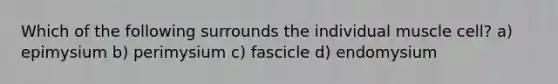 Which of the following surrounds the individual muscle cell? a) epimysium b) perimysium c) fascicle d) endomysium