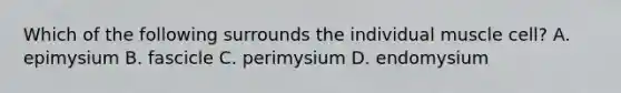 Which of the following surrounds the individual muscle cell? A. epimysium B. fascicle C. perimysium D. endomysium