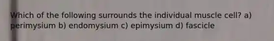 Which of the following surrounds the individual muscle cell? a) perimysium b) endomysium c) epimysium d) fascicle