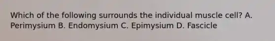 Which of the following surrounds the individual muscle cell? A. Perimysium B. Endomysium C. Epimysium D. Fascicle