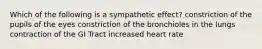 Which of the following is a sympathetic effect? constriction of the pupils of the eyes constriction of the bronchioles in the lungs contraction of the GI Tract increased heart rate