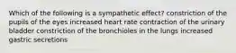 Which of the following is a sympathetic effect? constriction of the pupils of the eyes increased heart rate contraction of the urinary bladder constriction of the bronchioles in the lungs increased gastric secretions