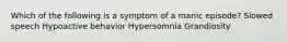 Which of the following is a symptom of a manic episode?​ Slowed speech ​Hypoactive behavior ​Hypersomnia ​Grandiosity