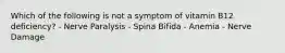 Which of the following is not a symptom of vitamin B12 deficiency? - Nerve Paralysis - Spina Bifida - Anemia - Nerve Damage