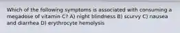 Which of the following symptoms is associated with consuming a megadose of vitamin C? A) night blindness B) scurvy C) nausea and diarrhea D) erythrocyte hemolysis