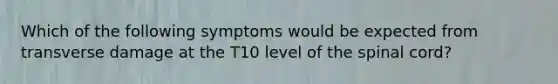 Which of the following symptoms would be expected from transverse damage at the T10 level of the spinal cord?