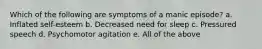 Which of the following are symptoms of a manic episode? a. Inflated self-esteem b. Decreased need for sleep c. Pressured speech d. Psychomotor agitation e. All of the above