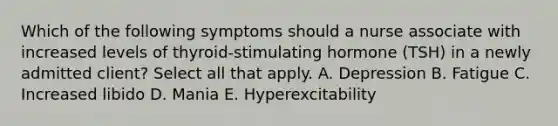 Which of the following symptoms should a nurse associate with increased levels of thyroid-stimulating hormone (TSH) in a newly admitted client? Select all that apply. A. Depression B. Fatigue C. Increased libido D. Mania E. Hyperexcitability