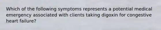 Which of the following symptoms represents a potential medical emergency associated with clients taking digoxin for congestive heart failure?