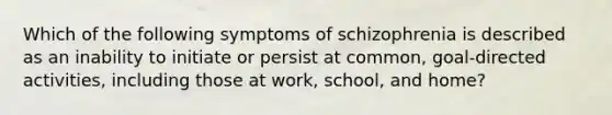 Which of the following symptoms of schizophrenia is described as an inability to initiate or persist at common, goal-directed activities, including those at work, school, and home?