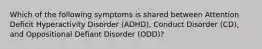 Which of the following symptoms is shared between Attention Deficit Hyperactivity Disorder (ADHD), Conduct Disorder (CD), and Oppositional Defiant Disorder (ODD)?