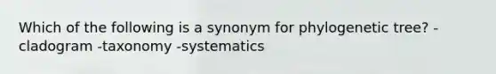 Which of the following is a synonym for phylogenetic tree? -cladogram -taxonomy -systematics