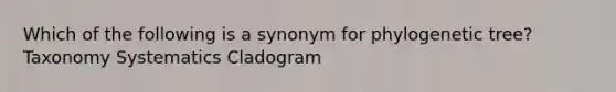 Which of the following is a synonym for phylogenetic tree? Taxonomy Systematics Cladogram