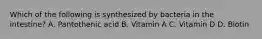 Which of the following is synthesized by bacteria in the intestine? A. Pantothenic acid B. Vitamin A C. Vitamin D D. Biotin