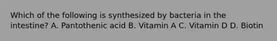 Which of the following is synthesized by bacteria in the intestine? A. Pantothenic acid B. Vitamin A C. Vitamin D D. Biotin