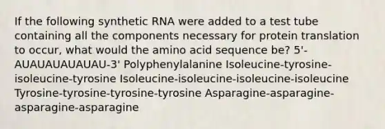 If the following synthetic RNA were added to a test tube containing all the components necessary for protein translation to occur, what would the amino acid sequence be? 5'-AUAUAUAUAUAU-3' Polyphenylalanine Isoleucine-tyrosine-isoleucine-tyrosine Isoleucine-isoleucine-isoleucine-isoleucine Tyrosine-tyrosine-tyrosine-tyrosine Asparagine-asparagine-asparagine-asparagine