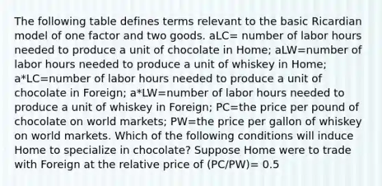 The following table defines terms relevant to the basic Ricardian model of one factor and two goods. aLC= number of labor hours needed to produce a unit of chocolate in​ Home; aLW=number of labor hours needed to produce a unit of whiskey in​ Home; a*LC=number of labor hours needed to produce a unit of chocolate in​ Foreign; a*LW=number of labor hours needed to produce a unit of whiskey in​ Foreign; PC=the price per pound of chocolate on world​ markets; PW=the price per gallon of whiskey on world markets. Which of the following conditions will induce Home to specialize in chocolate​? Suppose Home were to trade with Foreign at the relative price of (PC​/PW​)= 0.5