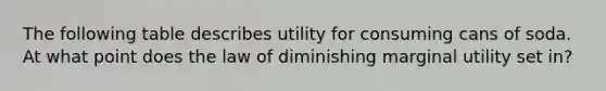 The following table describes utility for consuming cans of soda. At what point does the law of diminishing marginal utility set in?