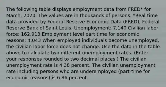 The following table displays employment data from FRED​* for March, 2020. The values are in thousands of persons. ​*Real-time data provided by Federal Reserve Economic Data​ (FRED), Federal Reserve Bank of Saint Louis. Unemployment: 7,140 Civilian labor force: 162,913 Employment level part time for economic reasons: 4,043 When employed individuals become​ unemployed, the civilian labor force does not change. Use the data in the table above to calculate two different unemployment rates. ​(Enter your responses rounded to two decimal​ places.) The civilian unemployment rate is 4.38 percent. The civilian unemployment rate including persons who are underemployed​ (part-time for economic​ reasons) is 6.86 percent.