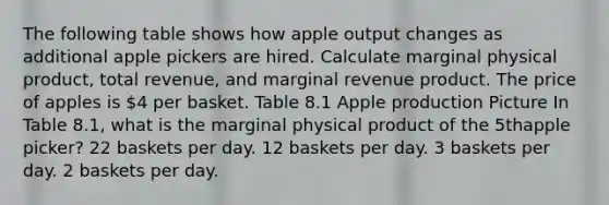 The following table shows how apple output changes as additional apple pickers are hired. Calculate marginal physical product, total revenue, and marginal revenue product. The price of apples is 4 per basket. Table 8.1 Apple production Picture In Table 8.1, what is the marginal physical product of the 5thapple picker? 22 baskets per day. 12 baskets per day. 3 baskets per day. 2 baskets per day.