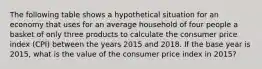 The following table shows a hypothetical situation for an economy that uses for an average household of four people a basket of only three products to calculate the consumer price index (CPI) between the years 2015 and 2018. If the base year is 2015, what is the value of the consumer price index in 2015?