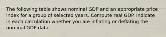 The following table shows nominal GDP and an appropriate price index for a group of selected years. Compute real GDP. Indicate in each calculation whether you are inflating or deflating the nominal GDP data.