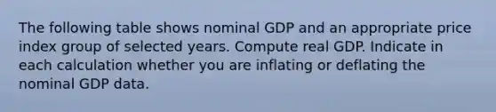 The following table shows nominal GDP and an appropriate price index group of selected years. Compute real GDP. Indicate in each calculation whether you are inflating or deflating the nominal GDP data.