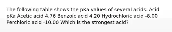 The following table shows the pKa values of several acids. Acid pKa Acetic acid 4.76 Benzoic acid 4.20 Hydrochloric acid -8.00 Perchloric acid -10.00 Which is the strongest acid?