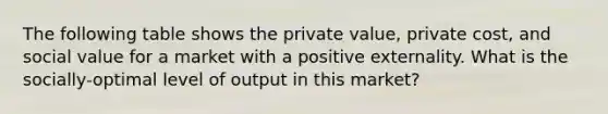 The following table shows the private value, private cost, and social value for a market with a positive externality. What is the socially-optimal level of output in this market?