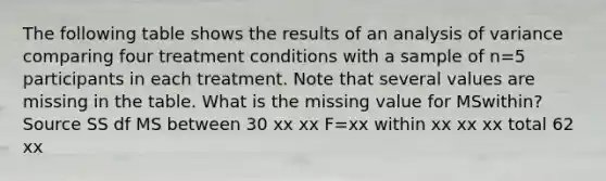 The following table shows the results of an analysis of variance comparing four treatment conditions with a sample of n=5 participants in each treatment. Note that several values are missing in the table. What is the missing value for MSwithin? Source SS df MS between 30 xx xx F=xx within xx xx xx total 62 xx