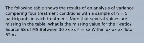 The following table shows the results of an analysis of variance comparing four treatment conditions with a sample of n = 5 participants in each treatment. Note that several values are missing in the table. What is the missing value for the F-ratio? ​ Source SS df MS Between 30 xx xx F = xx Within xx xx xx Total 62 xx