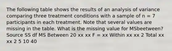 The following table shows the results of an analysis of variance comparing three treatment conditions with a sample of n = 7 participants in each treatment. Note that several values are missing in the table. What is the missing value for MSbeetween? Source SS df MS Between 20 xx xx F = xx Within xx xx 2 Total xx xx 2 5 10 40