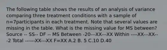 The following table shows the results of an analysis of variance comparing three treatment conditions with a sample of n=7participants in each treatment. Note that several values are missing in the table. What is the missing value for MS between? Source -- SS-- DF -- MS Between -20---XX---XX Within ----XX---XX---2 Total ------XX---XX F=XX A.2 B. 5 C.10 D.40