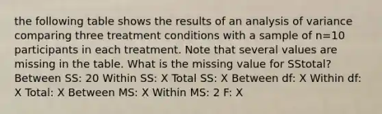 the following table shows the results of an analysis of variance comparing three treatment conditions with a sample of n=10 participants in each treatment. Note that several values are missing in the table. What is the missing value for SStotal? Between SS: 20 Within SS: X Total SS: X Between df: X Within df: X Total: X Between MS: X Within MS: 2 F: X