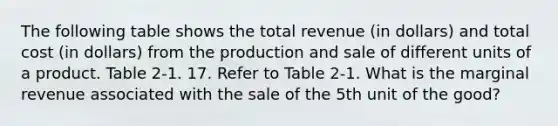 The following table shows the total revenue (in dollars) and total cost (in dollars) from the production and sale of different units of a product. Table 2-1. 17. Refer to Table 2-1. What is the marginal revenue associated with the sale of the 5th unit of the good?